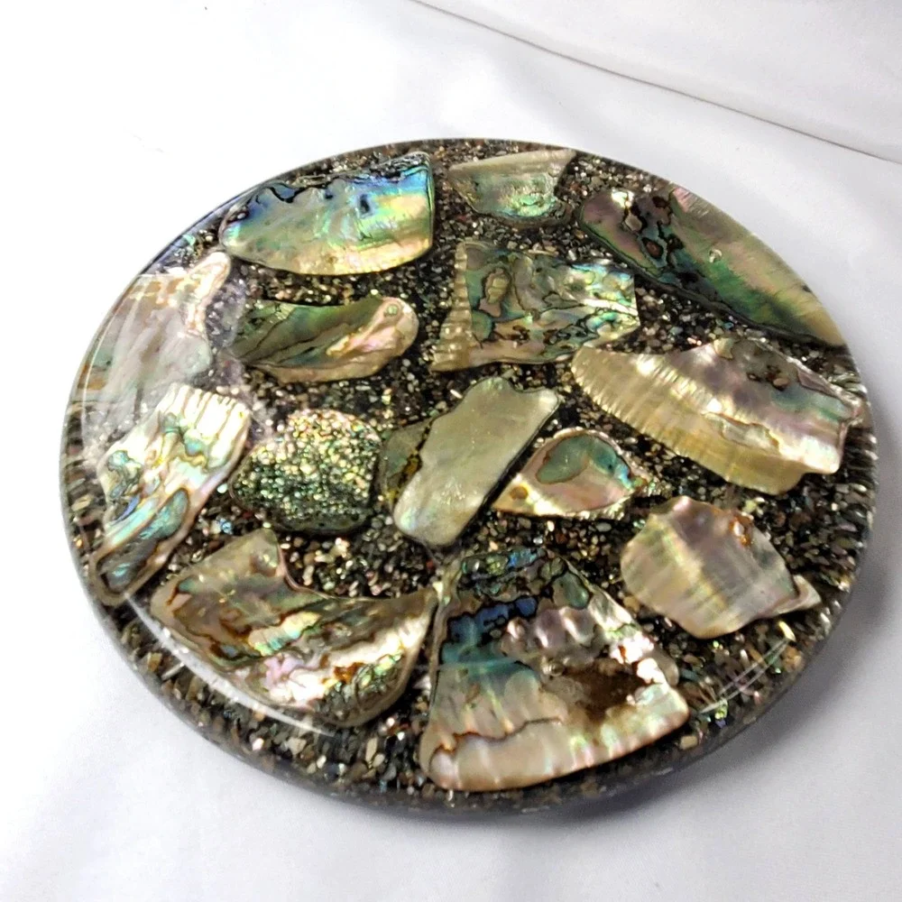 VTG Abalone Shell Round Trivet Black Base 8-Inch Handcrafted Betty's Shells